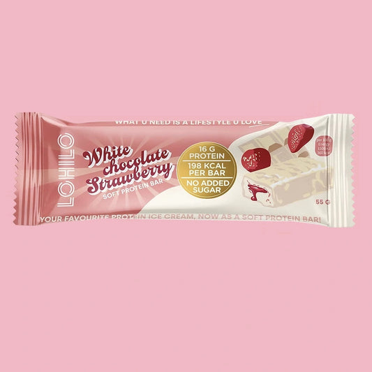 Baltojo šokolado ir braškių skonio baltymų batonėlis 55g