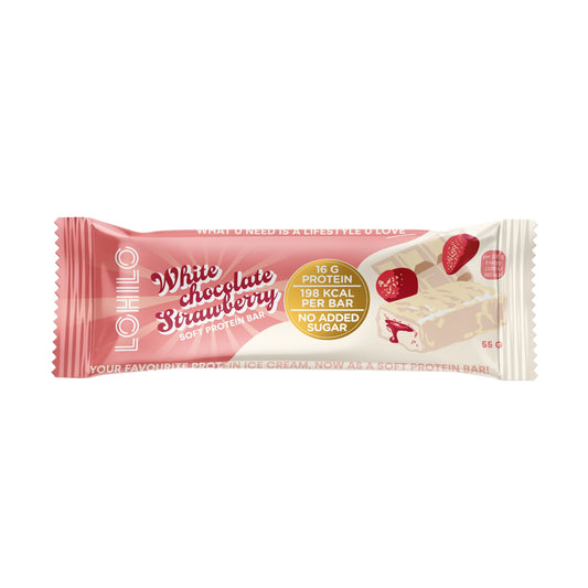 Baltojo šokolado ir braškių skonio baltymų batonėlis 55g