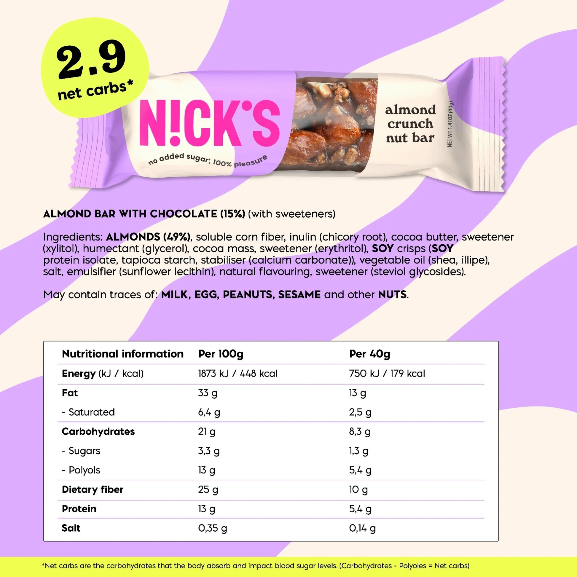 NICK'S - Pähklibatoon "almond crunch" 12 x 40g - njom.ee